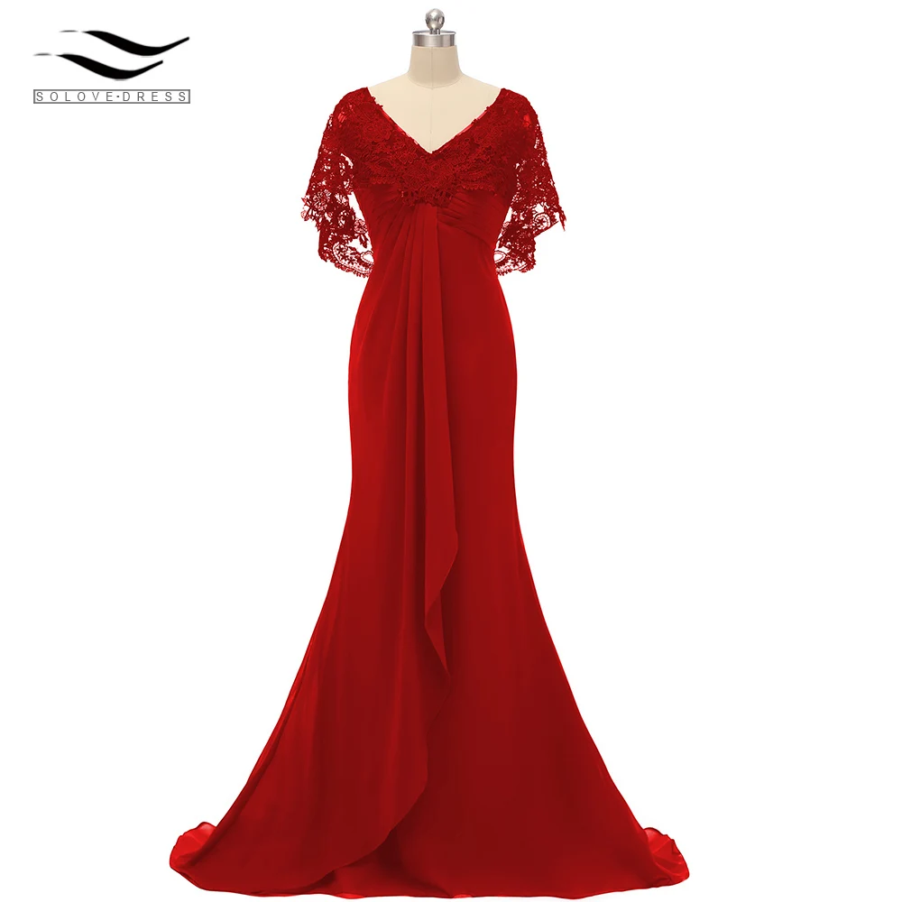Женское кружевное шифоновое платье в пол с v-образным вырезом на спине, элегантное ТРАПЕЦИЕВИДНОЕ вечернее платье, vestido de festa SLD-S016 - Цвет: Red
