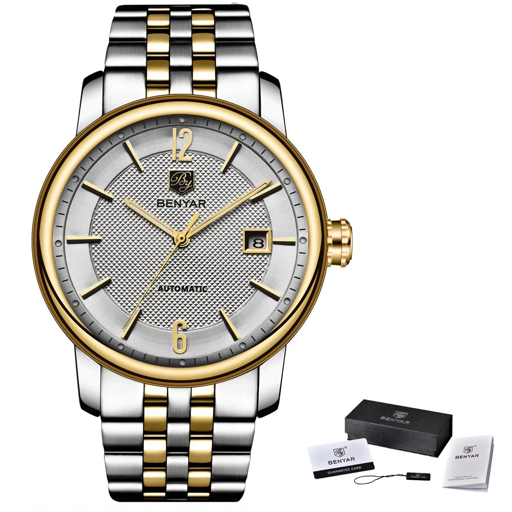 BENYAR Relogio Masculino Лидирующий бренд Роскошные мужские часы модные полностью стальные модные повседневные водонепроницаемые автоматические часы мужские часы - Цвет: Steel Gold White