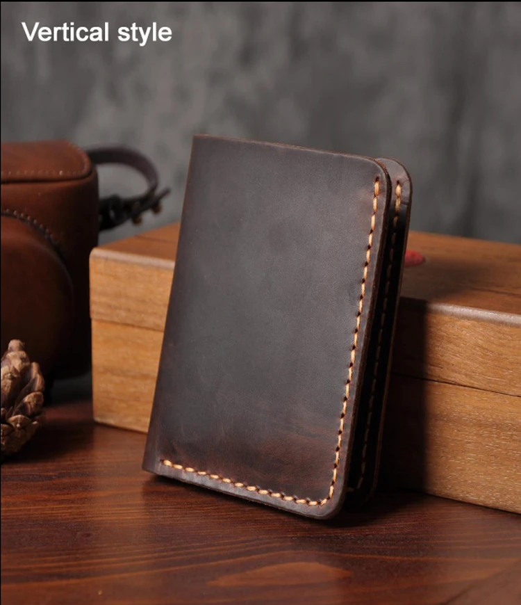 Handmade Vintage Crazy horse Genuine Leather Men Wallet Men Purse Leather Short Card Wallet for Male Money Clips Money bag