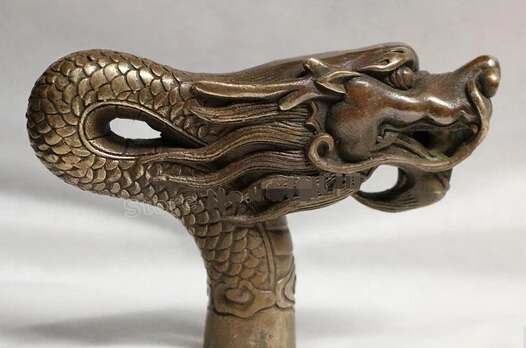 

WBY 715+++Old Qing Ming China Old Handwork Carving BRASS Dragon Statue Cane Head Walking Stick