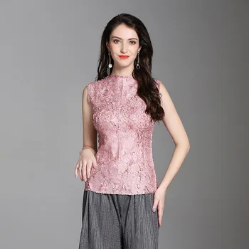 

Summer Women Crinkled Office Lady Satin Fashion Sleeveless O-neck Pullover Tidal Blouses Shirts