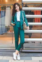2018 Pure Color Simple Boyfriend Jacket Small Cuff Pants Dark Green Office Lady Karxige Official Store Seven Length Pant Suit