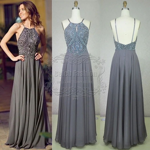 grey chiffon sparkly beaded prom dress