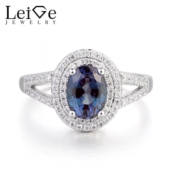 

Leige Jewelry June Birthstone Lab Alexandrite Wedding Ring Halo Ring Oval Cut Color Changing Gemstone 925 Sterling Silver Gifts