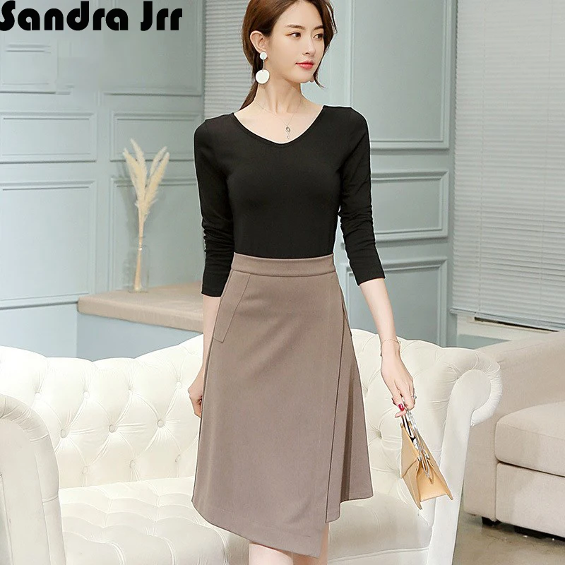 Sandra Jrr Spring Women 2 Pcs Set Dress Cotton Shirt High Waist Empire A Line Skirt Knee Length Office Lady 3/4 Sleeve |