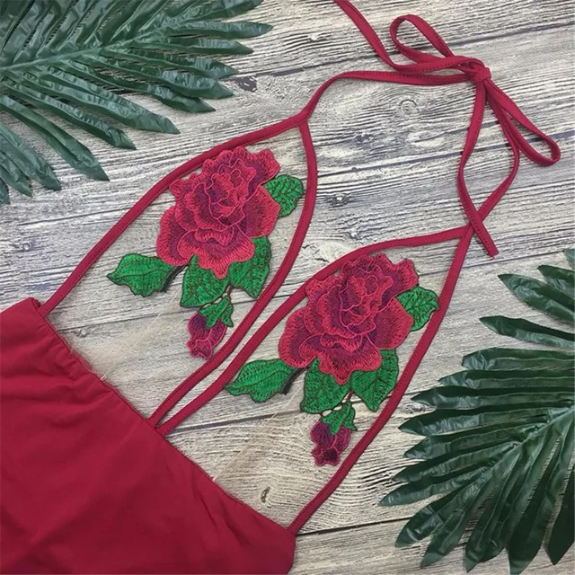 Bikini 2019 Bodysuit Sexy Rose Embroidery See Through Women's Skinny no pad Sexy bikini set biquini biquines Halter Rompers