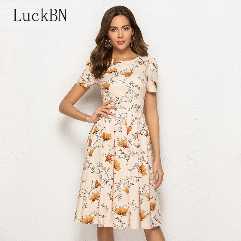 Casual Summer Women's Clothing Dress Slim Vintage O Neck Floral Printed A Line Dress Female Short Sleeve Elegant Party Vestidos