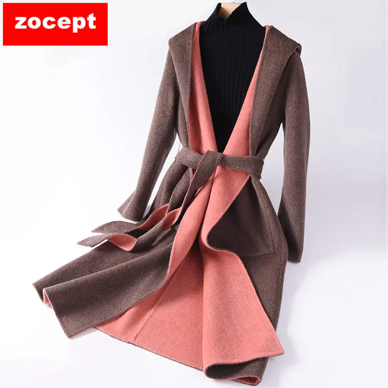 

zocept 2018 New Wool Coat Female Long Hooded Belt Double-sided Double-sided Double-color High Quality Warm Woolen Coat Women