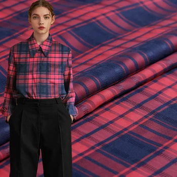 

Pearlsilk Red Navy Blue Plaid Jacquard Weave Cotton Polyester Garment Materials Spring Shirt DIY clothes fabrics Freeshipping