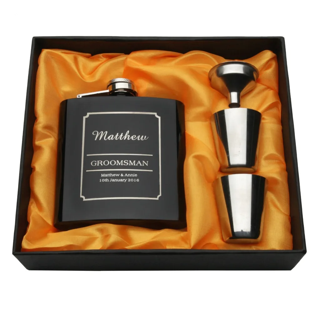 1 Set Personalized Engraved 6 oz Black Hip Flask Stainless Steel Wedding Birthday Valentine's Day Gift Favors FL02