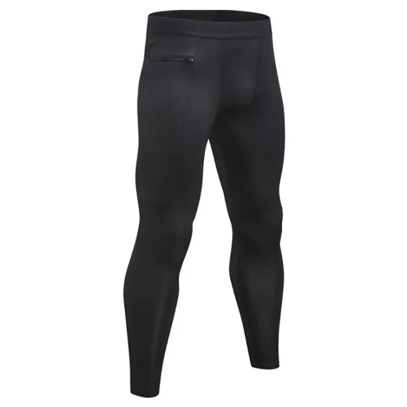 Новые мужские компрессионные длинные штаны размера плюс, средняя талия, однотонные полосы, быстросохнущие, термобелье, спортивные колготки, на молнии, с карманом, для бега - Цвет: Черный