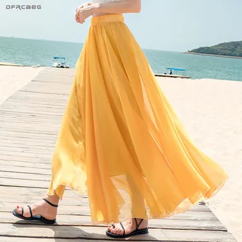 

14 Colors Elastic Waist Women Chiffon Maxi Skirts 2019 Summer Boho Pleated Beach Skirt Female Elegant Saias Longas For