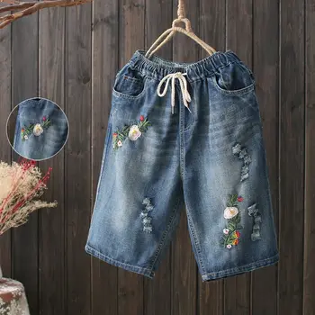 

Retro Hole Embroidery Cotton Jeans Shorts Women Loose Plus Size Women Summer Shorts Casual Short Femme Denim Ripped Jeans C5374