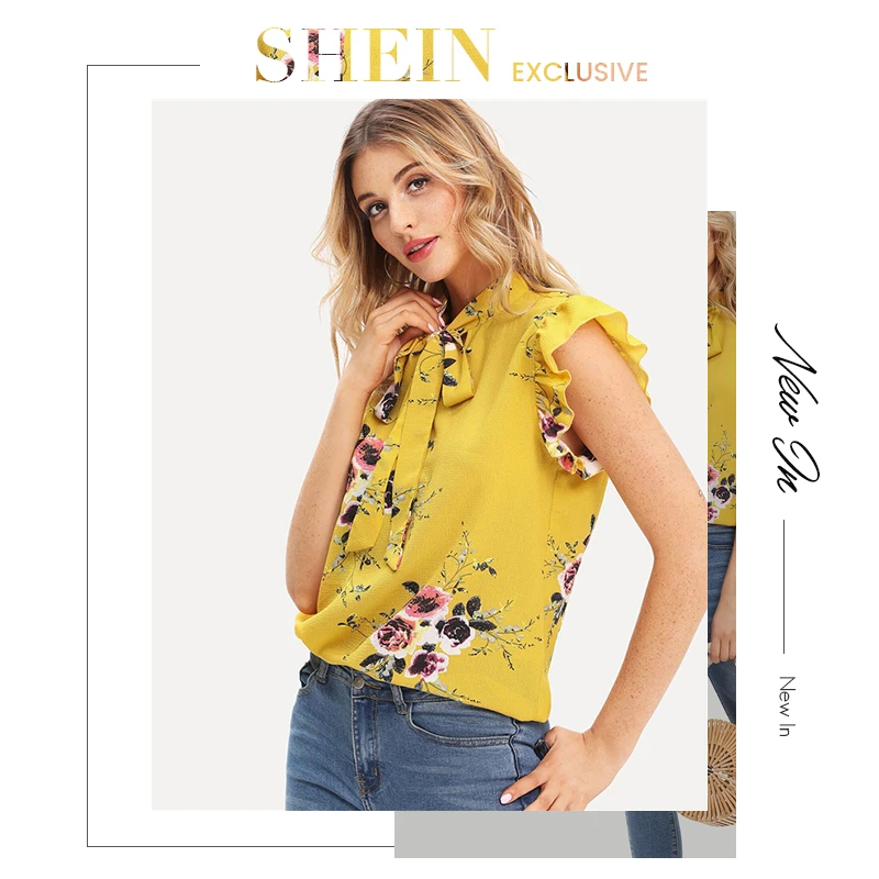 SHEIN горчичная элегантная Офисная Женская блузка с оборками на плечах и завязками на шее с цветочным принтом, летняя женская шифоновая блузка и блузки