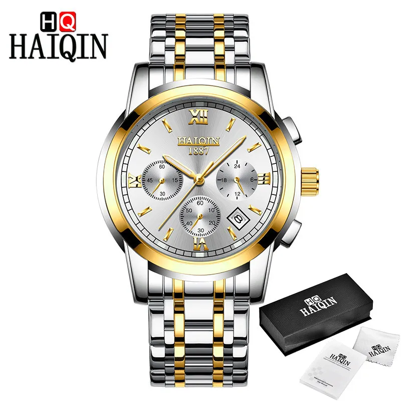 HAIQIN новые мужские часы Повседневная мода/календарь дисплей/золотые часы мужские лучшие брендовые Роскошные наручные часы мужские Relogio Masculino - Цвет: Steel-Gold white