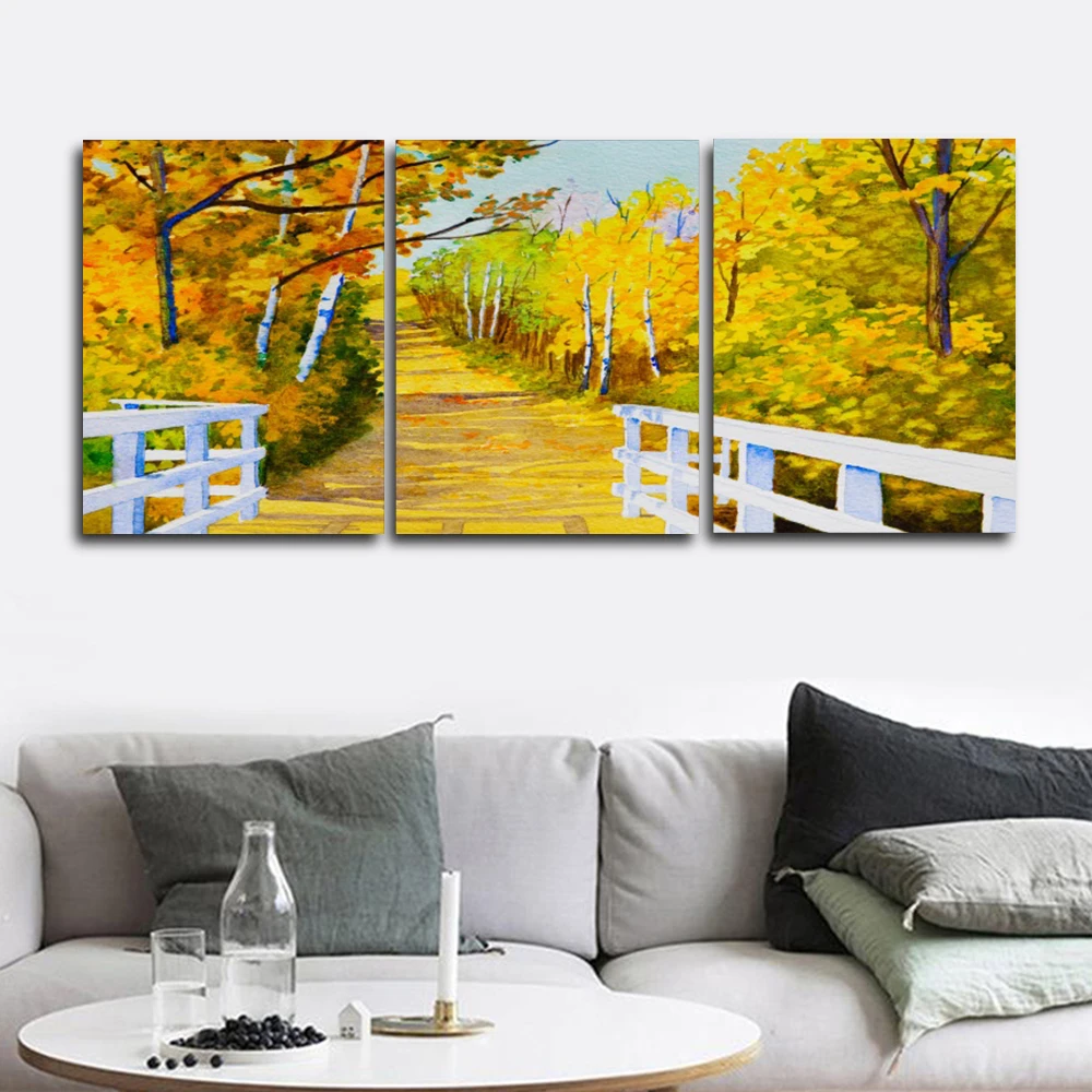 

Laeacco Autumn Outside Posters and Prints Yellow Tree Landscape Wall Art Paint On Canvas Painting Nordic Living Room Home Decor