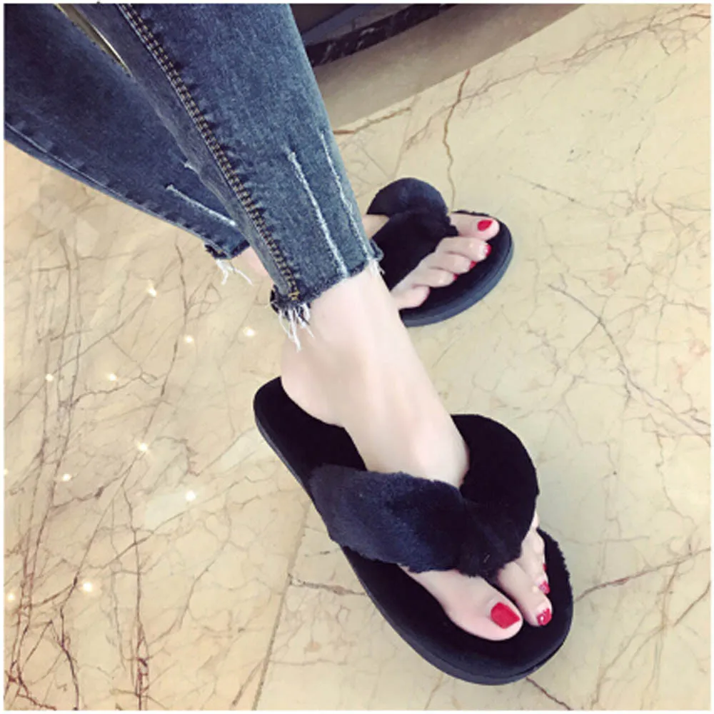 

Fashion Fleece slippers Women flat bottom non-slip casual wild Furry flip flops Solid Plus size Home slippers Female Girl