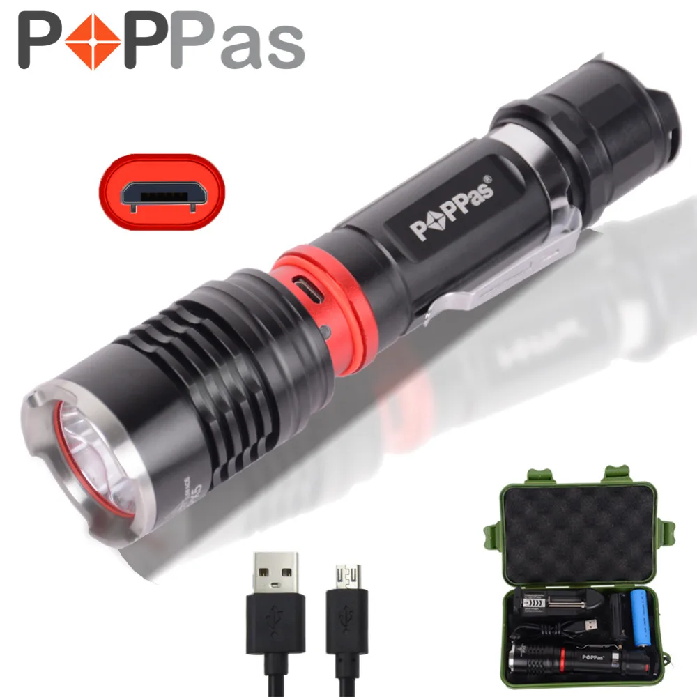 

POPPAS XM-L2 LED Flashlight Super Bright 5 Light Modes Torch Micro USB 2.0 Interface Light IP65 Water-Resistant