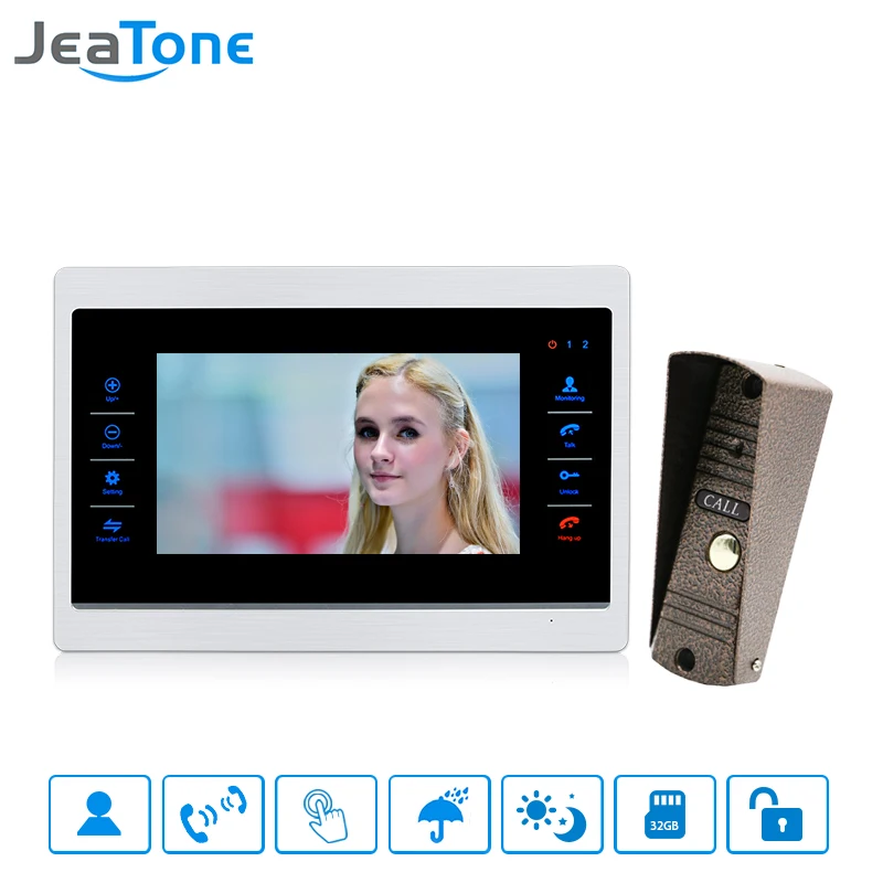 JeaTone 7 inch Wired Video Door Phone Doorbell Intercom Touch-Button Monitor + 1200TVL Waterproof Security Camera Call Panel