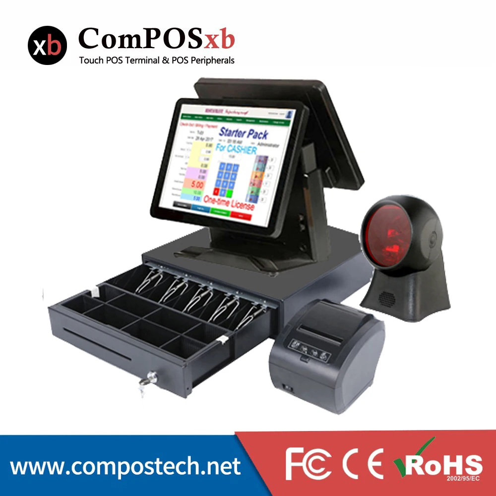 Дешевые двойной экран POS системы ресторан 15 дюймов емкостный сенсорный терминал Точка продаж системы