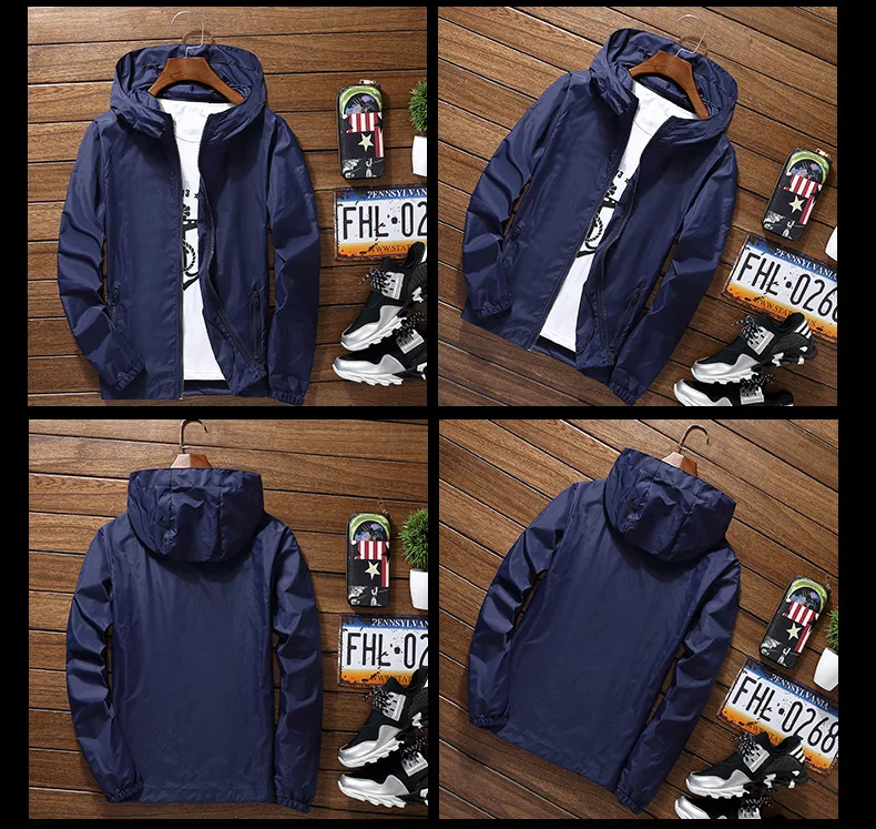2020 Light-Weight Men's Summer Hooded Jacket Thin Windbreaker Packable Sunscreen Waterproof Beach Casual Zipper Coat Solid Color