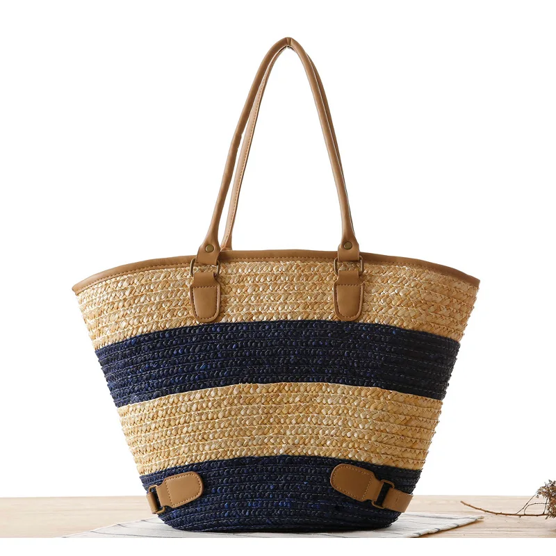 

Large capacity Women Shoulder Tote Bags Handwoven Rattan Handbag Striped Straw Beach Bohemia Fashion Bag for Lady Girl Summer