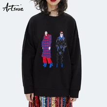 Artsnie/вязаная женская толстовка с вышитым персонажем из мультфильма; сезон весна года; уличная одежда с круглым вырезом; Повседневная Толстовка с капюшоном больших размеров