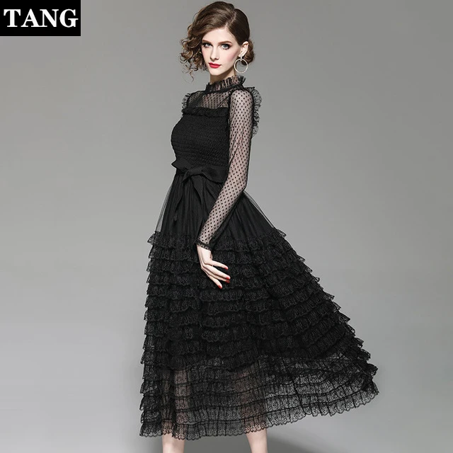 

2019 spring summer European American women dress fashion temperament mesh stitching long lace cake Dress