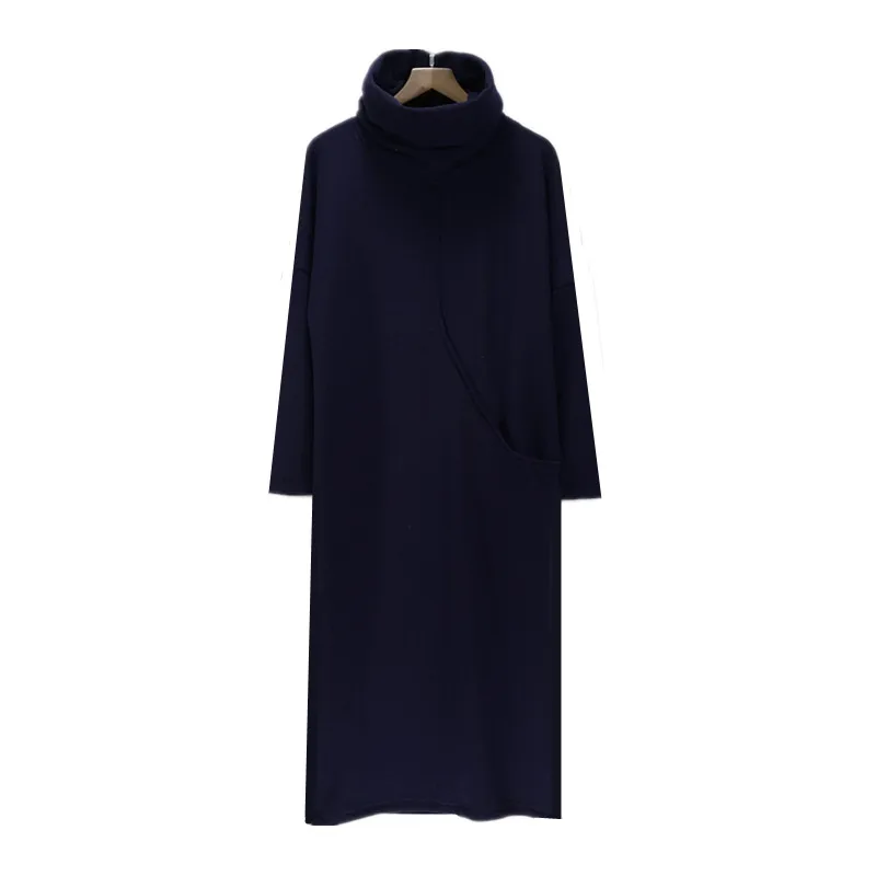 Зимнее женское плотное вельветовое платье с большим карманом размера плюс S-6XL модное осеннее платье с высоким воротом, весенние платья черного цвета - Цвет: navy blue