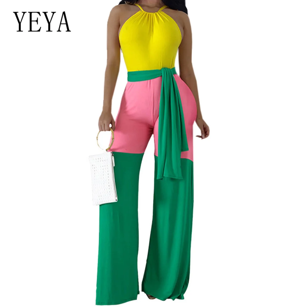 

YEYA Fashion 3-color Patchwork Wide Leg Jumpsuits Elegant Sleeveless Halter Loose Playsuits Summer Casual High Street Overalls