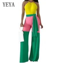 YEYA Fashion 3-color Patchwork Wide Leg Jumpsuits Elegant Sleeveless Halter Loose Playsuits Summer Casual High Street Overalls YEYA Fashion 3-color Patchwork Wide Leg Jumpsuits Elegant Sleeveless Halter Loose Playsuits Summer Casual High Street Overalls