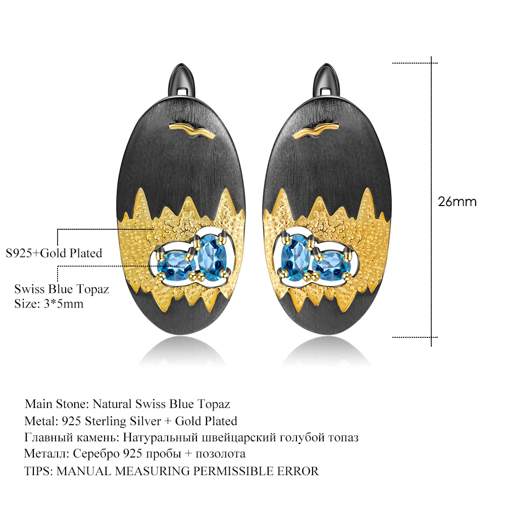 GEM'S балетные 925 пробы серебро зажим ручной работы серьги 1.03Ct натуральный Швейцарский Голубой Топаз Драгоценные камни серьги для женщин