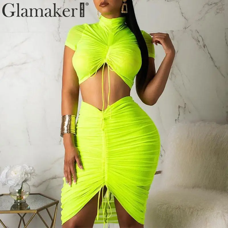 

Glamaker Mesh neon drawstring midi dress Women spring summer turtleneck elegant dress Party club two piece suit bodycon dress