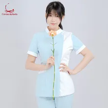 Летняя одежда для медсестры, короткий рукав, Женский раздельный костюм, синий, розовый воротник, больница, медицинский, на заказ, костюм для работы