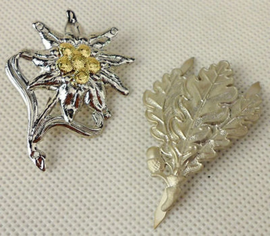 

WW2 WWII German Metal Edelweiss Leaves Cap Badge Pin Insignia Silver