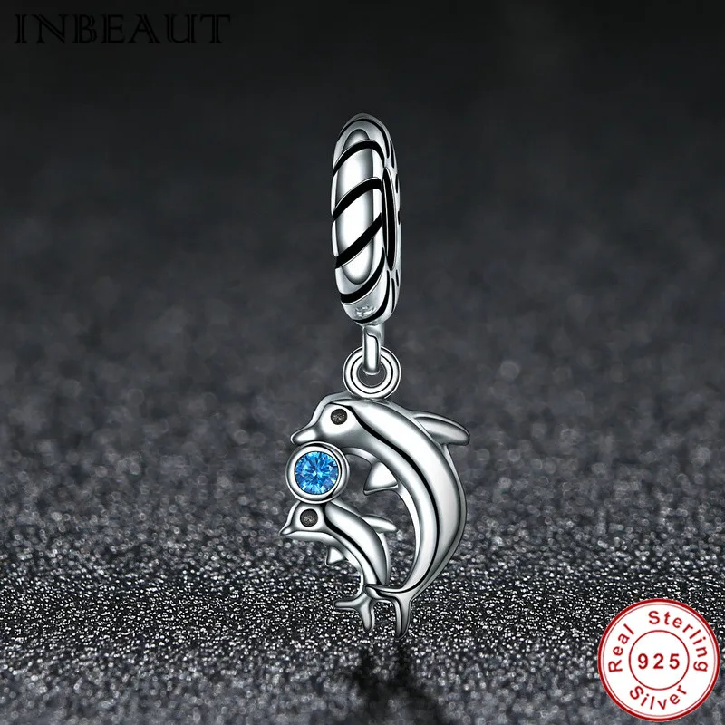 

INBEAUT 100% Real 925 Pure Silver Little Cute Blue Zircon Stone Dolphin Shaped Charm fit S925 Bracelet Women Beads Jewelry