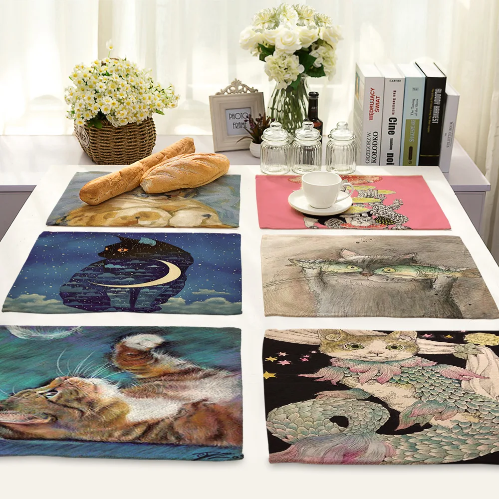 

Cartoon Lovely Cat Pattern Table Mat Rectangle Linen Placemat for Dining Table Eco-Friendly Kitchen Decoration Accessories