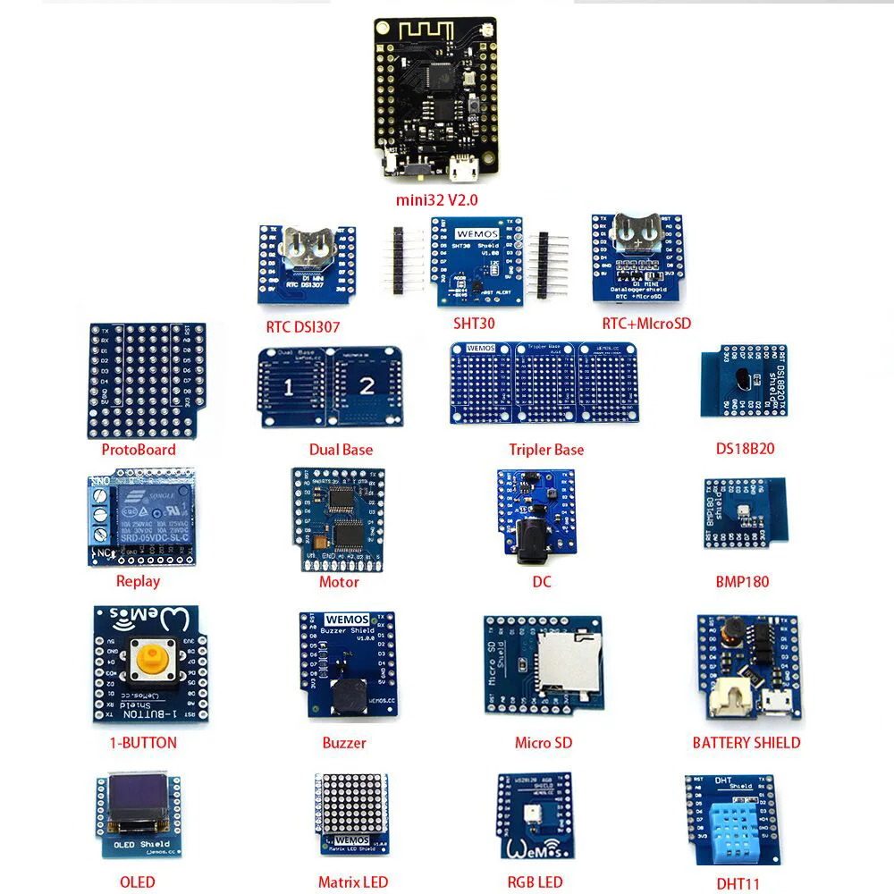 

20 EN 1 KITS TTGO MINI32 V2.0 ESP32 WiFi + Bluetooth learning kit IOT Key(OLED buzzer micro SD BMP180 WS18B20 1-button..)