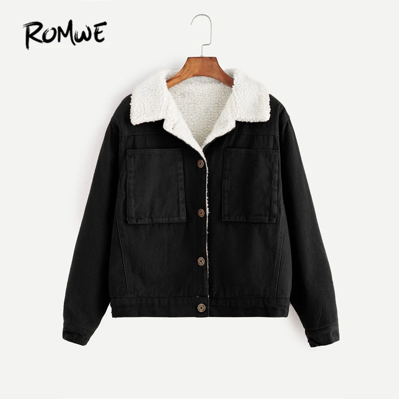 Koop ROMWE Contrast Sherpa Gevoerd Korte Jas Zwart Enkele Breasted Casual Jas 2017 Vrouwen Herfst Pocket Revers Jas