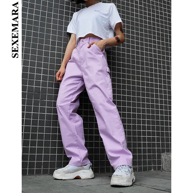 

BOOFEENAA Street Fashion Purple Cargo Pants Women's Belt Side Pocket High Waist Casual Loose Trousers 100% Cotton C84-AH25