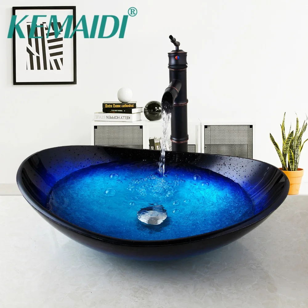 

KEMAIDI Comporary Bathroom Basin Tempered Glass Mixer ORB Faucet Waterfall Wash Basin With Pop Up Drain Set