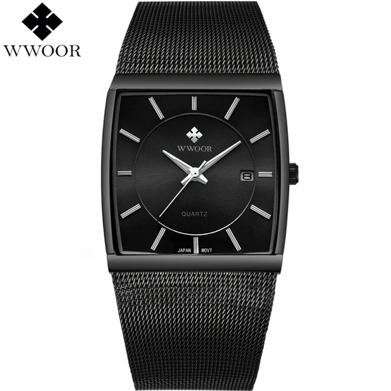 Goedkoop WWOOR Merk Luxe Mannen Horloge Waterdicht Vierkante Datum Rvs Horloges Mannen Quartz Sport Polshorloge Mannelijke Zwarte Analoge Klok