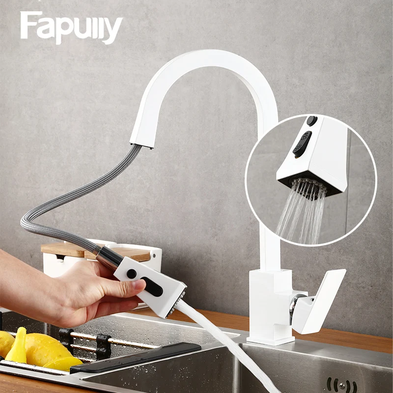 

Fapully Kitchen Faucet White Silver Black Single Handle Double Out Pull Out Tap for Kitchen Swivel 360 Degree Water Mixer 1080