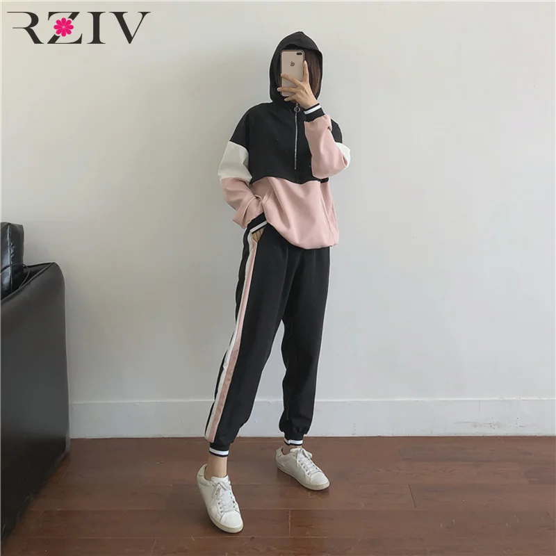 

RZIV autumn and winter women's suit casual solid color stitching loose hooded suit