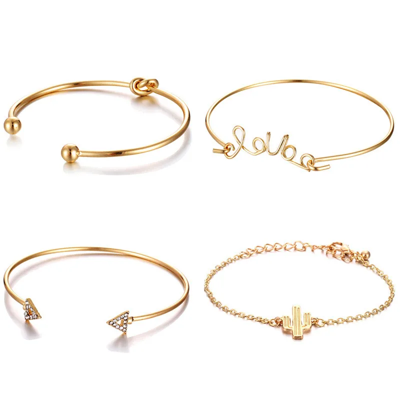 

4 packs Cute Knot Bangles Rose Gold Initial Heart Handmade Open Cuff Bracelet femme For Women Jewelry Valentine's Day Gift