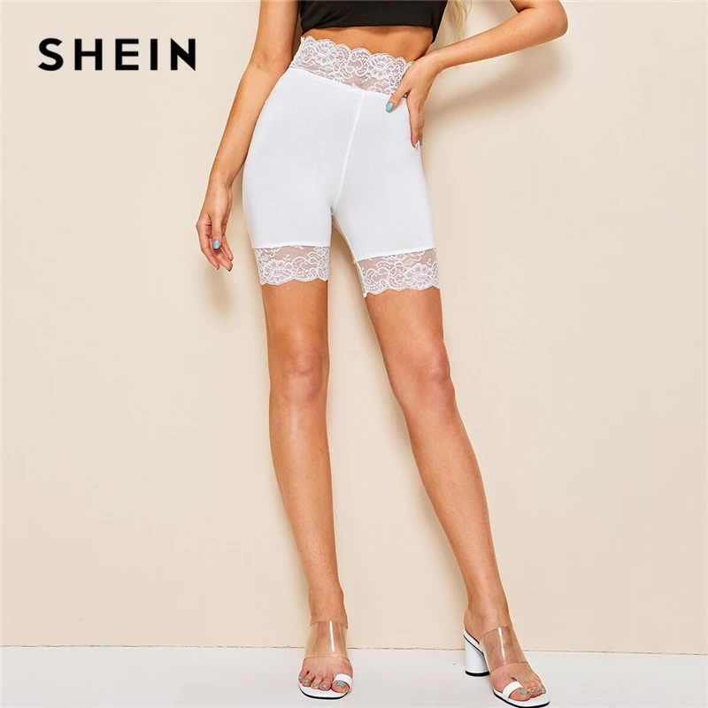 SHEIN, короткие однотонные байкерские леггинсы с кружевной отделкой, женские,, байкерские короткие, летние, эластичные, для фитнеса, средней талии, обтягивающие, базовые леггинсы