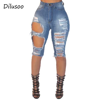 

Dilusoo Women High Elastic Denim Jeans Half Pants Casual Holes Ripped Jeans Pencil Pants Mid Waist Plus Size Female Europe Denim