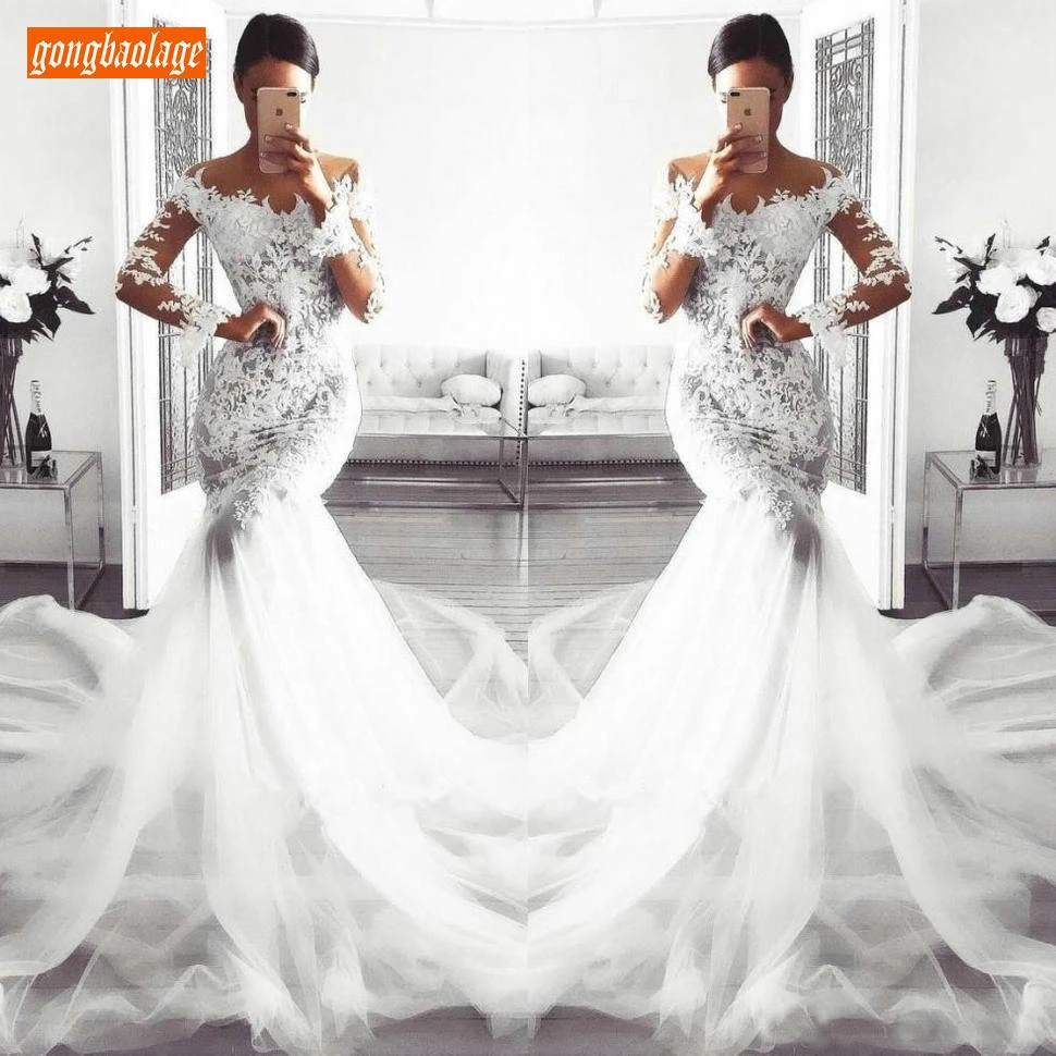 

Graceful Perspective Mermaid Wedding Dress Long Sleeve Illusion Tulle Lace Appliques Wedding Gowns Sweep Train Bridal Dresses