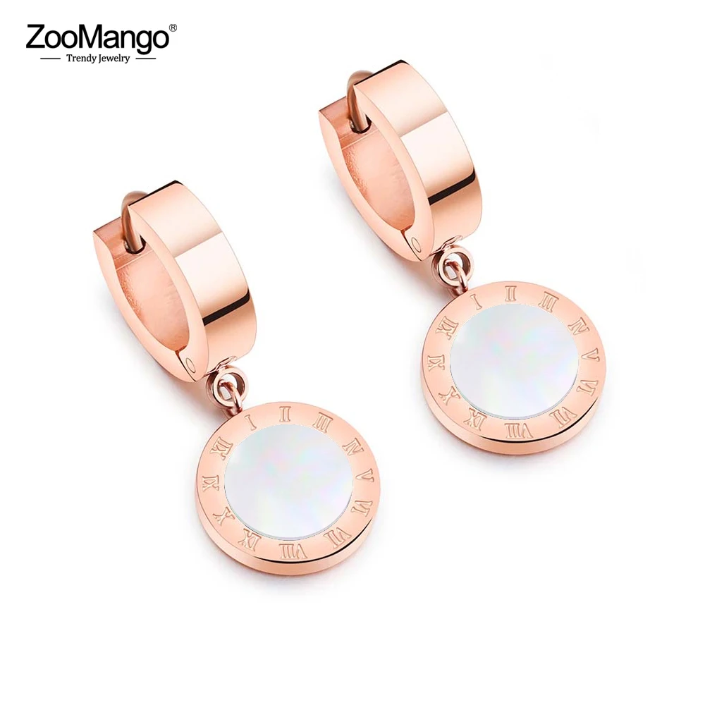 

ZooMango Black & White Shell Roman Numeral Round Circle Earrings For Girls Titanium Steel Rose Gold Female Hoop Earrings ZE18114