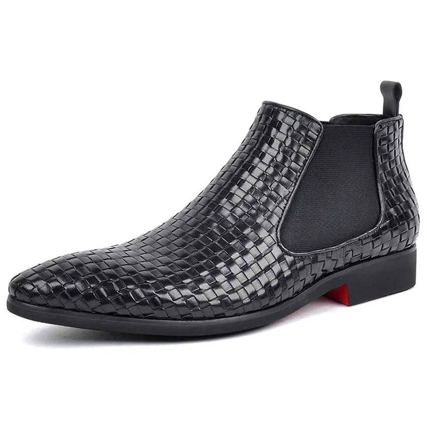 

High Quality Genuine Leather Formal Breathable Man Chelsea Ankle Boots Pointed Toe Weaved Men's Handmade Riding Shoes AM194